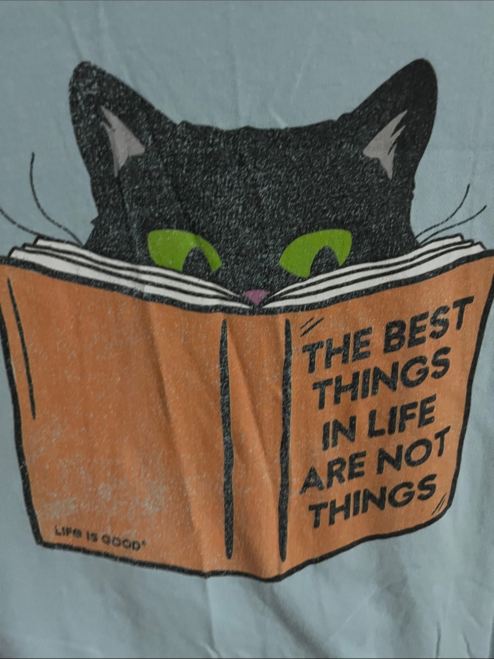 Life Is Good Light Blue Tee with Black Cat and Orange Book Graphic - Picture 3 of 5